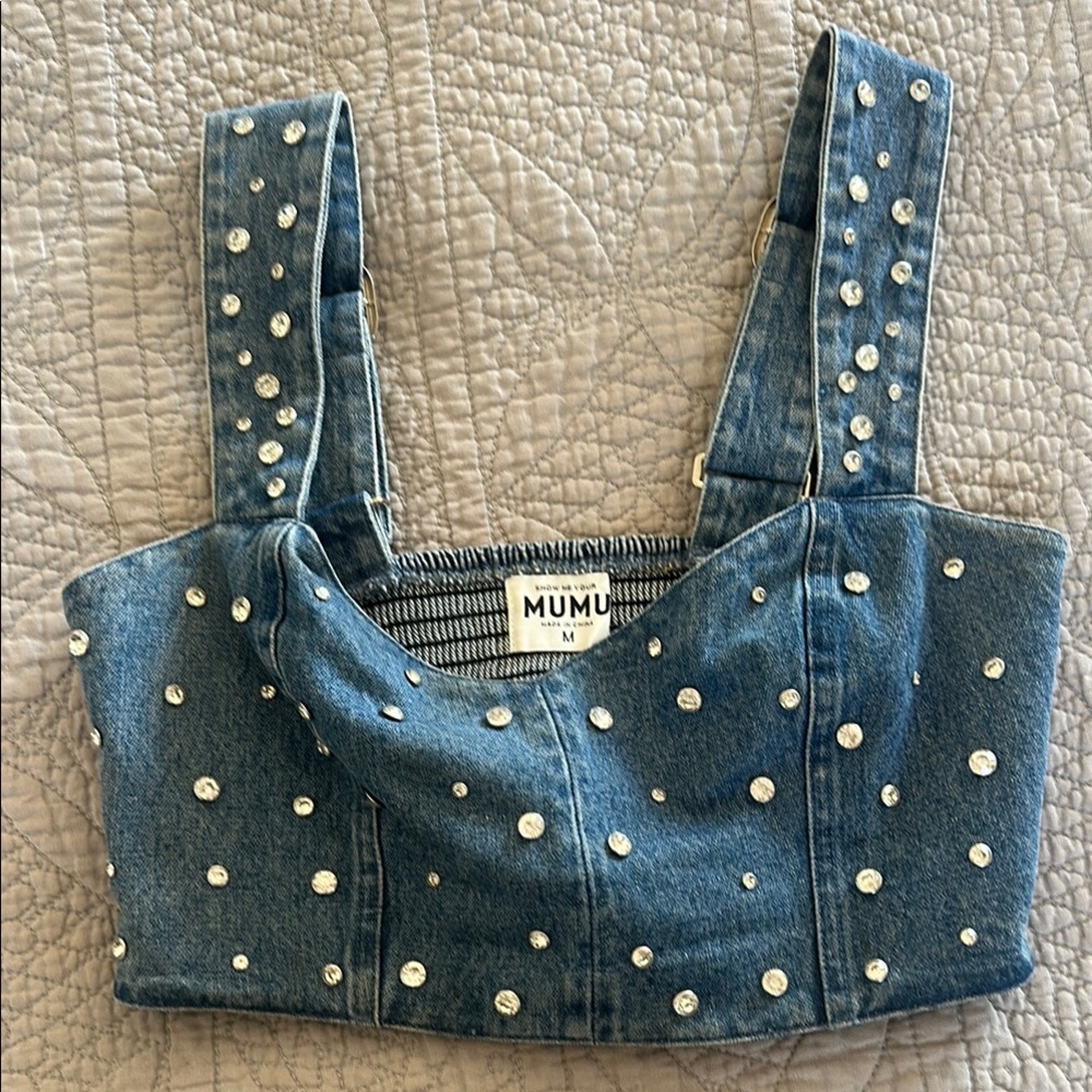 Show Me Your Mumu Denim Shania Crop Top with Silver Accents M